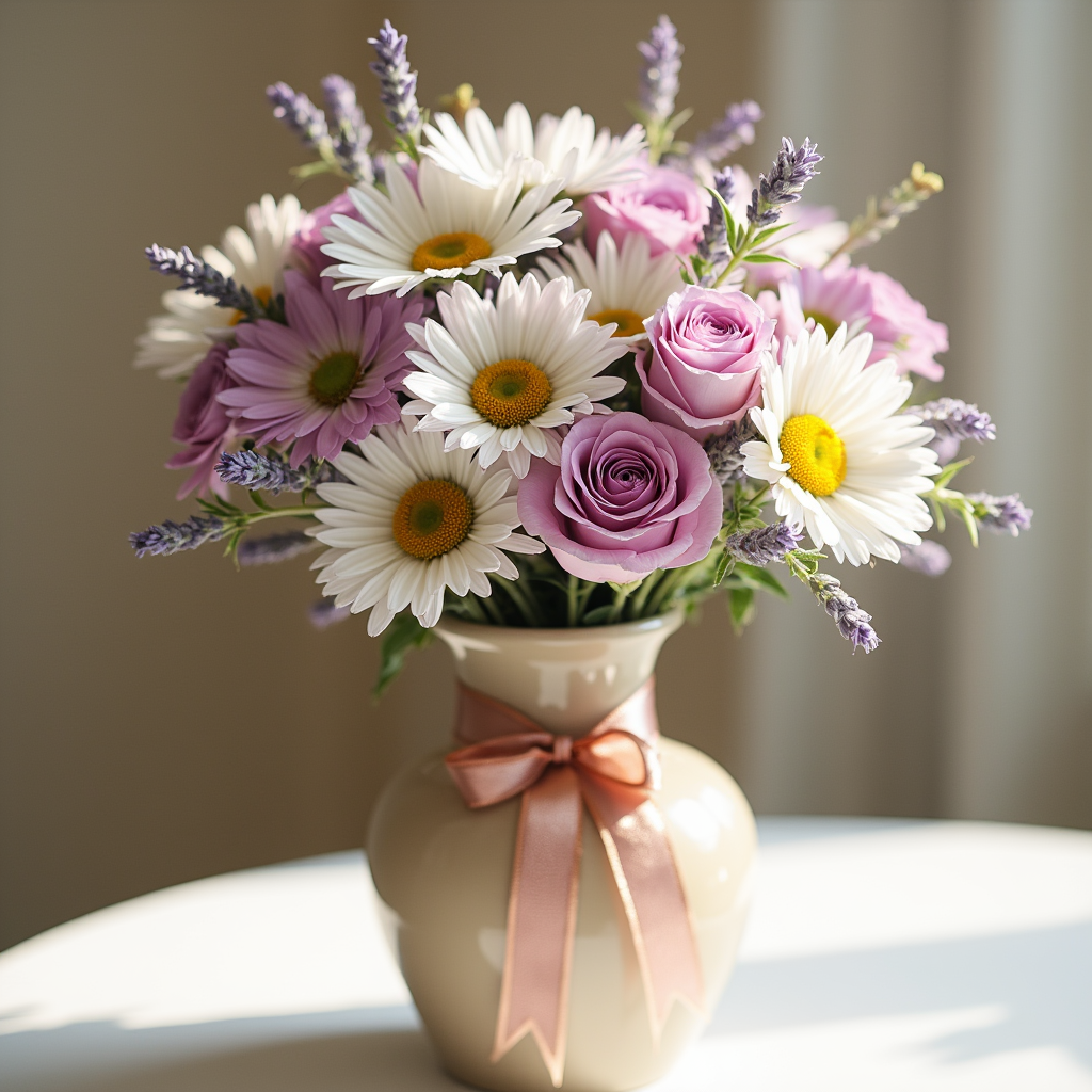 PEMBE KURDELELİ VAZODA KARIŞIK ARANJMAN